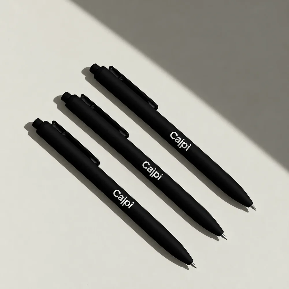 Bolígrafos negros personalizados con logo (imagen ilustrativa)