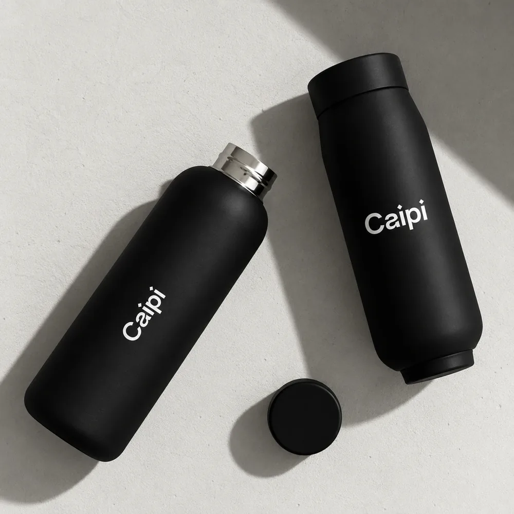 Botellas negras personalizadas con logo (imagen ilustrativa)